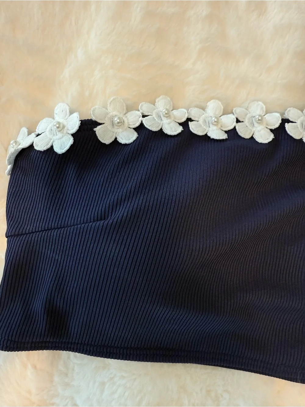 Women’s Navy Blue Bandeau Bikini with White Floral Trim XL - Picture 6 of 9